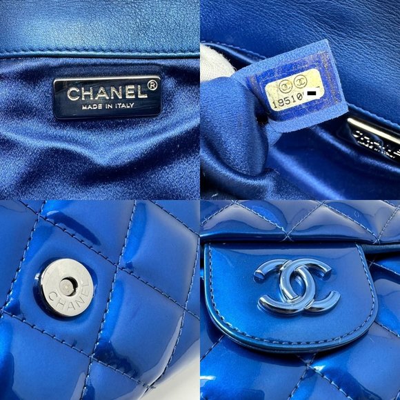 CHANEL 2014 Runway Electric Blue Patent Leather Quilted Bag Metal Handle Rectang - Picture 11 of 13
